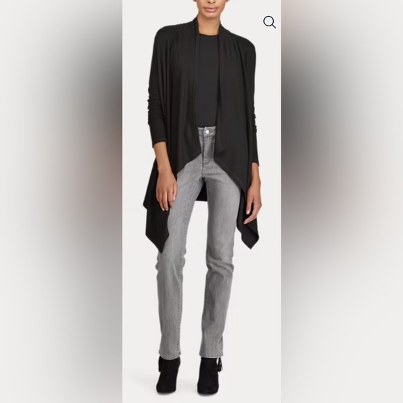 Lauren Ralph Lauren Black Open Front Shark Bite Hem Lightweight Open Cardigan M - Picture 2 of 13